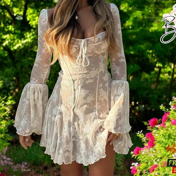 Beaded Lace Bell Sleeve Gown