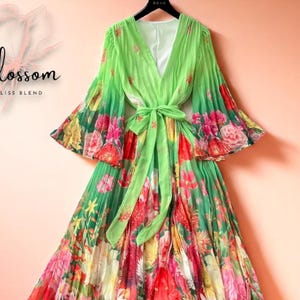 Summer Boho Floral Chiffon Dress Women V-Neck Lace Up Flare Sleeve Maxi Dress – Beach Holiday Outfit 4th of July Vacation Look