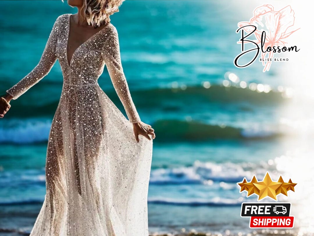 Long Ball Gown V Neck Sequins Wedding Dresses with Sleeves