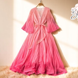 Gradient A-Line Maxi Dress | Flowy V-Neck Long Sleeve Attire | High Waist Lace Up Robe | Women&#39;s Summer Casual Formal Outfit