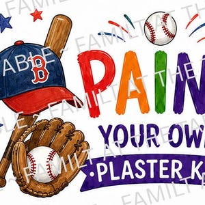 Peut inclure: Un design graphique avec une batte de baseball, une casquette bleue et rouge, un gant en cuir marron et une balle de baseball. Le texte indique PAINT YOUR OWN PLASTER KIT. Une palette de peinture avec un pinceau et des étoiles sont inclus.