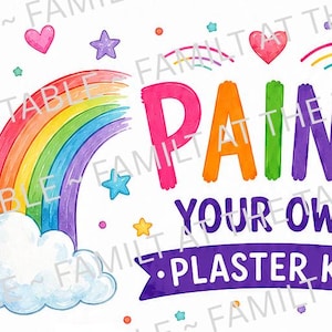 Puede incluir: Un diseño gráfico colorido que presenta un arcoíris con una nube blanca, estrellas pequeñas y corazones. El texto dice PAINT YOUR OWN PLASTER KIT en letras negritas multicolores. Se incluyen un pincel y una paleta de plástico con doce pocillos de pintura.