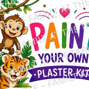 Puede incluir: Un diseño gráfico con un mono marrón colgado de una enredadera, un tigre, hojas verdes, un corazón rosa y huellas de patas marrones. El texto dice PAINT YOUR OWN PLASTER KIT en letras coloridas. Se incluyen un pincel y una paleta de pintura.
