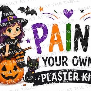 Puede incluir: Una ilustración digital que muestra una bruja de dibujos animados con cabello morado sentada sobre una calabaza, un gato negro, un fantasma y un murciélago. El texto dice PAINT YOUR OWN PLASTER KIT. Se incluyen un pincel y una paleta de pintura.