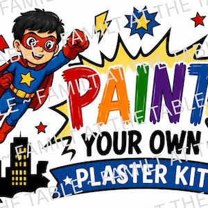 Puede incluir: Una ilustración gráfica que muestra a un superhéroe con traje azul y rojo volando sobre una ciudad. El texto dice PAINT YOUR OWN PLASTER KIT en letras coloridas. Se incluyen una paleta de acuarelas y un pincel en el diseño.