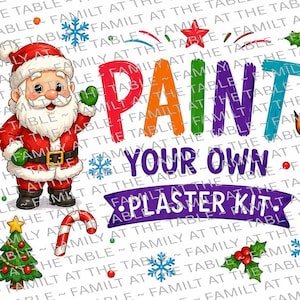 Puede incluir: Una ilustración digital que muestra a un Santa Claus de dibujos animados, un set de acuarelas, un pincel, un árbol de Navidad, un bastón de caramelo y un regalo. El texto dice PAINT YOUR OWN PLASTER KIT en letras coloridas, negritas y moradas.