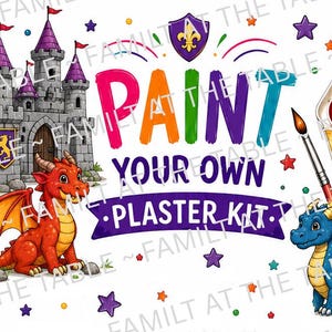 Peut inclure: Un design graphique pour un kit de peinture sur plâtre représentant un château en pierre grise, un dragon rouge, un dragon bleu, un pinceau et une palette de peinture. Le texte indique PAINT YOUR OWN PLASTER KIT en lettres colorées.