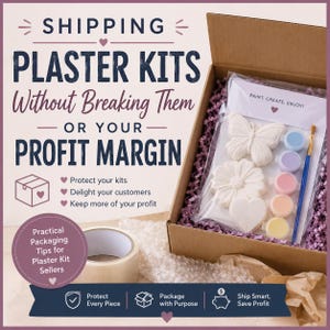 May include: A cardboard shipping box containing a clear plastic bag with three white plaster shapes: a butterfly, a flower, and a heart. Beside the shapes are five small circular paint pots in pastel colors and a thin paintbrush. Purple paper filler surrounds the bag.
