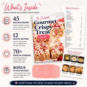 Könnte beinhalten: Ein Ratgeber mit dem Titel "The Complete Gourmet Crispy Treat Guide" mit einem Foto eines Rice Krispie Treats. Der Ratgeber enthält 45 Rezepte, 12 hilfreiche Abschnitte und über 70 Seiten Inhalt. Bonus-Extras sind enthalten.