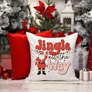 Jingle All the Way Pillow 14 x 14 Square, Retro Christmas Holiday Pillow, Santa Clause Pillow Spun Polyester Square Pillow image 1