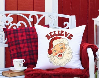 Believe Vintage Santa Pillow 14" x 14" Square, Retro Believe Christmas Holiday Pillow, Santa Clause Pillow Spun Polyester Square Pillow