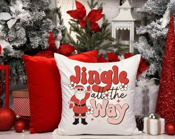 Jingle All the Way Pillow 14" x 14" Square, Retro Christmas Holiday Pillow, Santa Clause Pillow Spun Polyester Square Pillow