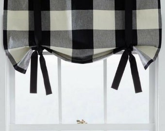 Buffalo Check Tie Up Valance-Faux Roman Shade Black White Red Blue Green French Gray Bella Pink