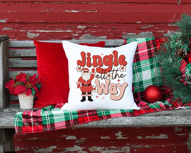 Jingle All the Way Pillow 14 x 14 Square, Retro Christmas Holiday Pillow, Santa Clause Pillow Spun Polyester Square Pillow image 3