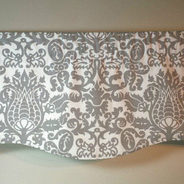 Window Valance/Curtain Valance/Window Topper/Kitchen/Bedroom/Bath/Straight/Curved-LINED-Valance, Gray White Amsterdam Fabric Choose Size