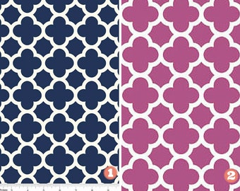 Designer Fabric Kitchen Dining Table Runner-Navy White/Hot Pink White Table Runner/Quatrefoil/Home Decorator Fabric 100 Percent Cotton Duck