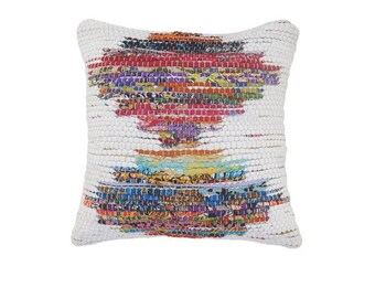 Throw Pillow - White and Multicolored Chindi Geometric