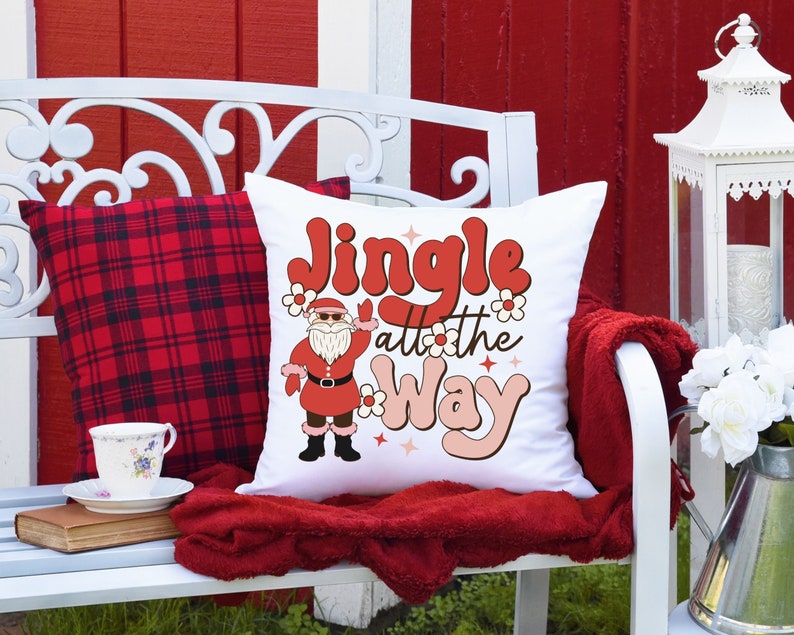 Jingle All the Way Pillow 14 x 14 Square, Retro Christmas Holiday Pillow, Santa Clause Pillow Spun Polyester Square Pillow image 4