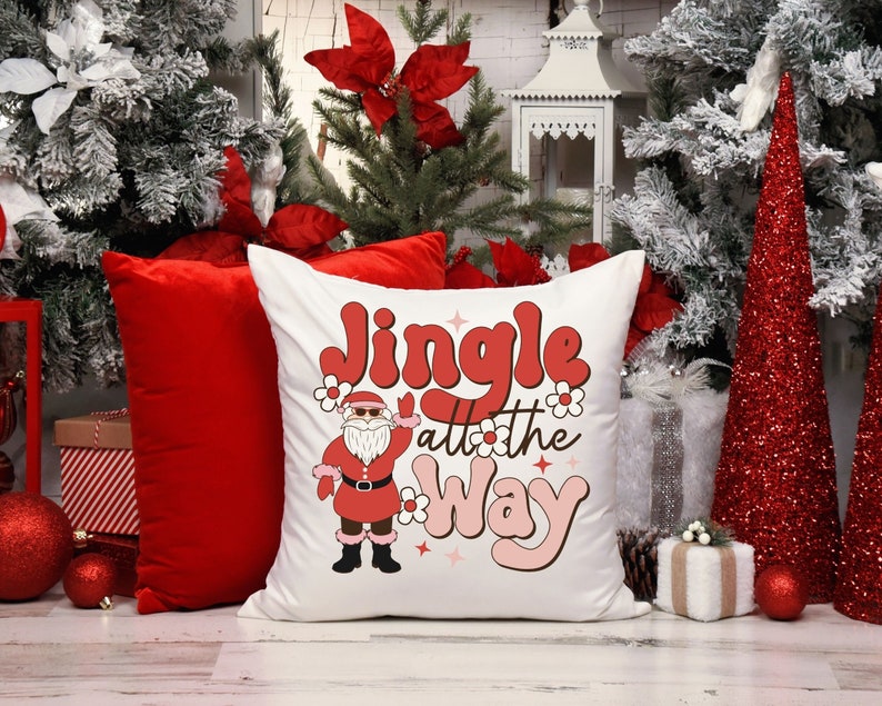 Jingle All the Way Pillow 14 x 14 Square, Retro Christmas Holiday Pillow, Santa Clause Pillow Spun Polyester Square Pillow image 1