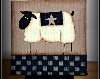 Primitive Sheep 4 x 4 Canvas-Easel-Checkerboard Home Decor