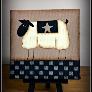 Primitive Sheep 4 x 4 Canvas-Easel-Checkerboard Home Decor