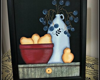 Primitive Antique Jug-Bowl-Pears 8 x 10 Framed Canvas-Home Decor
