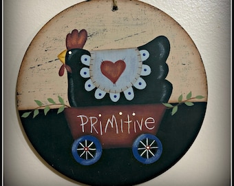 Primitive Chicken Wagon Wood Circle Peg Hanger-Wreath Ornament-Home Decor