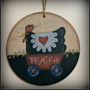 Primitive Chicken Wagon Wood Circle Peg Hanger-Wreath Ornament-Home Decor