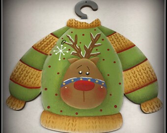 Reindeer Sweater Wood Christmas Tree Holiday Ornament