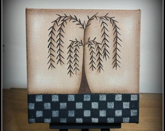 Primitive Checkerboard Willow Tree 4 x 4 Canvas-Easel-Home Decor