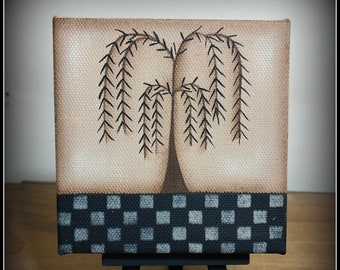 Primitive Checkerboard Willow Tree 4 x 4 Canvas-Easel-Home Decor