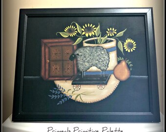 Primitive 8 x 10 Framed Canvas-Pie Safe-Sheep-Sunflowers-Crock Home Decor Decoration