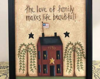 Primitive Saltbox House Hand Painted 8 x 10 Framed Sampler-Home Decor Decoation