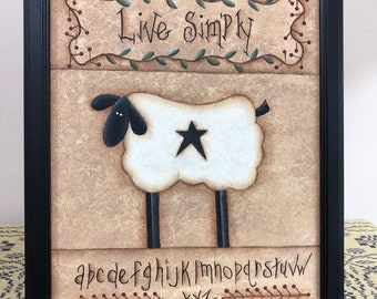 Primitive Sheep Alphabet Framed 8 x 10 Canvas Board-Home Decor Picture