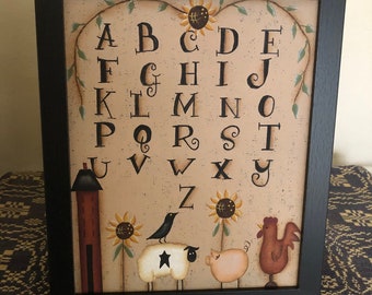 Primitive Alphabet Hand Painted Sampler-Saltbox-Animals-Home Decor