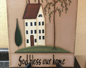 Primitive 11 x 14 Wall Canvas-Saltbox Landscape Scene-Hand Painted-Wall Decor