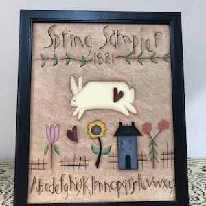 Primitive Spring 8 x 10 Framed Canvas Sampler-Hand Painted Picture