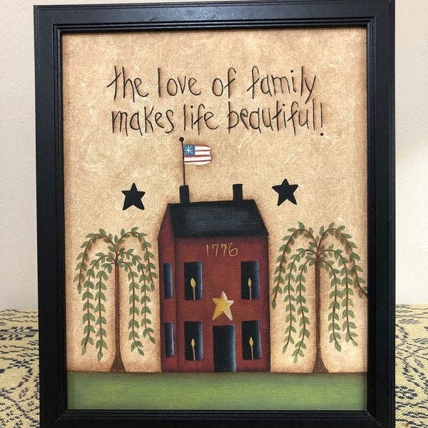 Primitive Saltbox House Hand Painted 8 x 10 Framed Sampler-Home Decor Decoation