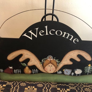 Welcome Wood Door Hanger-Angel-Saltbox House Plaque-Hand Painted