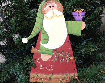 Santa Wood Ornament Present-Hand Painted-Holiday Christmas Tree Ornament