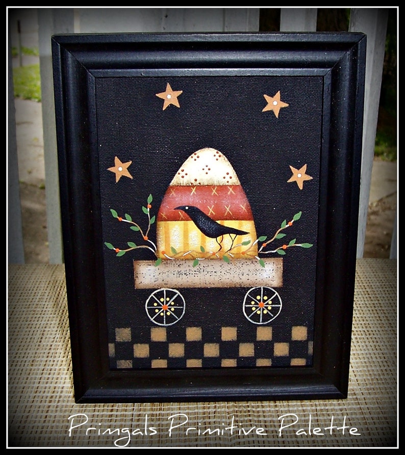 Halloween Primitive Candy Corn Canvas Picture Framed Home Decor image 1