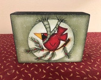 Cardinal Wood Shelf Sitter Block-Holiday Winter Decor