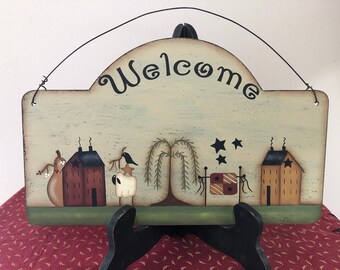 Primitive Welcome Saltbox House Willow Tree Signboard-Home Decor