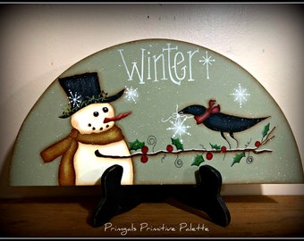 Primitive Snowman Crow Wood Door Crown-Topper-Winter Home Decor