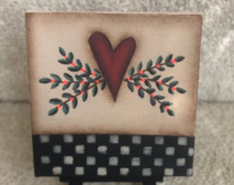 Primitive Heart-Vine-Checkerboard 4x4 Gallery Wrapped Canvas-Easel