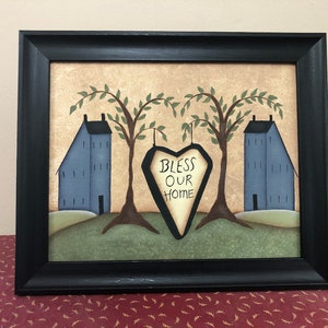 Primitive 8 x 10 Framed Canvas-Blue Saltbox House -Heart