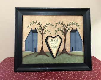 Primitive 8 x 10 Framed Canvas-Blue Saltbox House -Heart