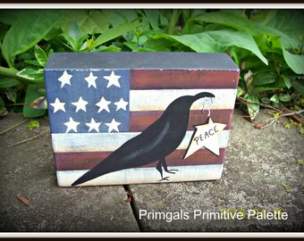 Primitive HP Americana Flag and Crow Shelf Sitter Block