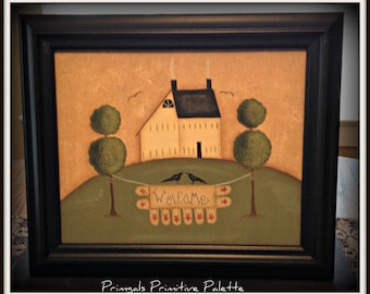 Primitive 8x10 Framed Canvas-Saltbox House-Penny Rug-Welcome Home Decor Picture