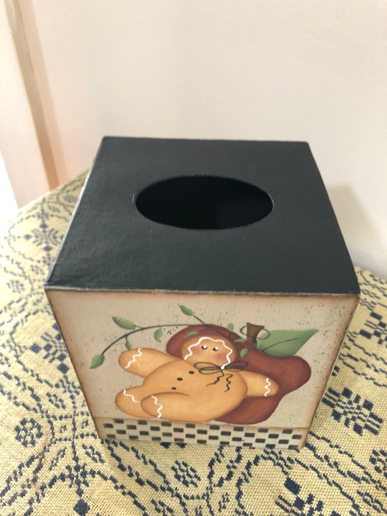 Gingerbread Apple Paper Mache Tissue Box Holder-Hand Painted Home Bath Decor